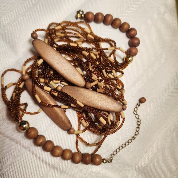 Handmade Necklace Multi Strand Wood Glass Bead Brown Bronze Tone 32" Boho Tribal - Picture 4 of 7